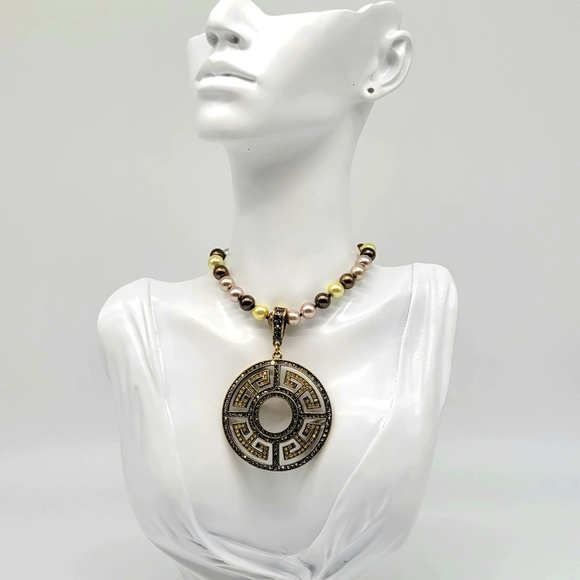 Heidi Daus Greek Key Medallion Enhancer Pendant on Multicolor Pearl Necklace - Picture 10 of 12